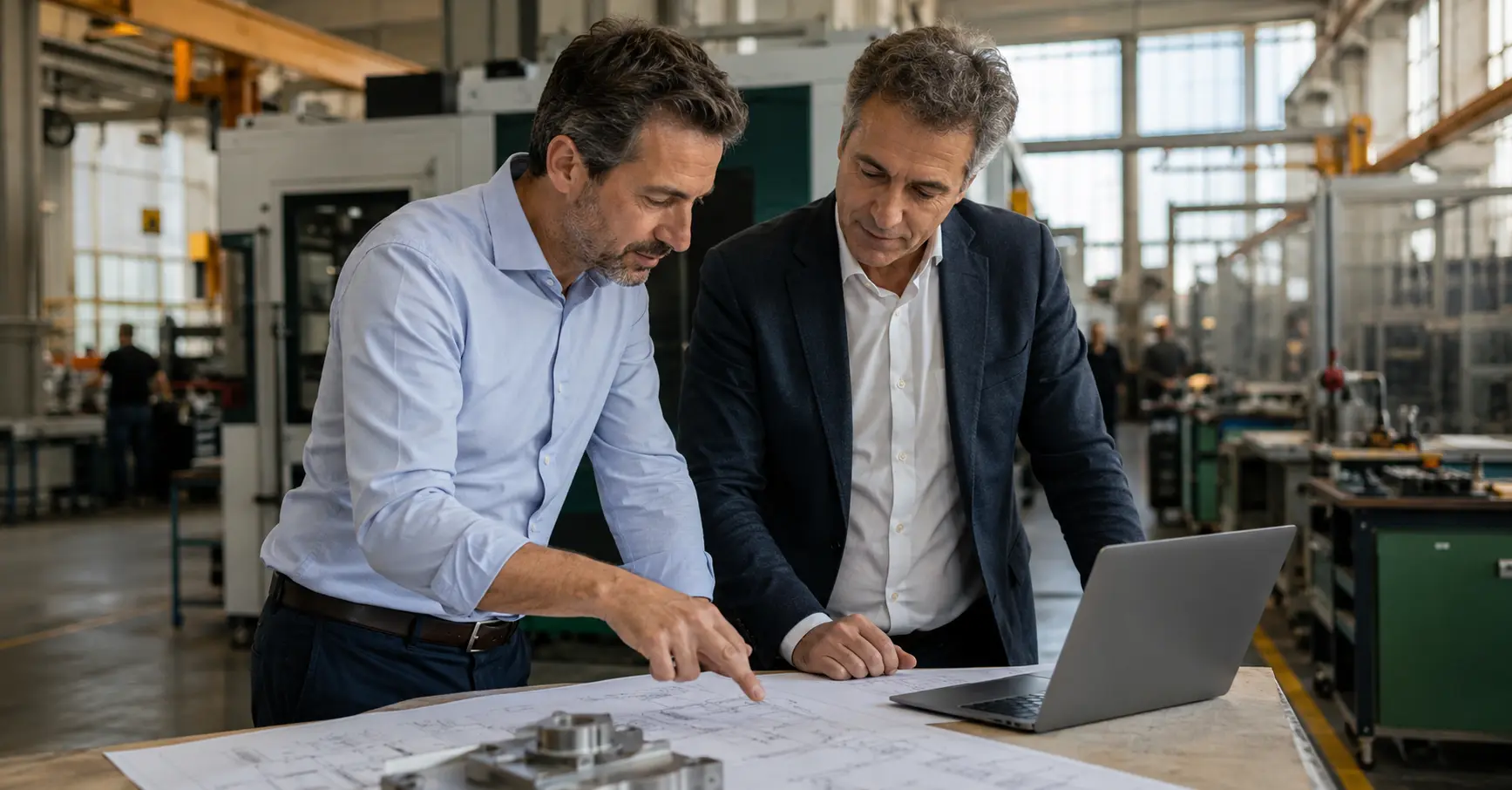 Consulenti industriali al lavoro su un progetto tecnico