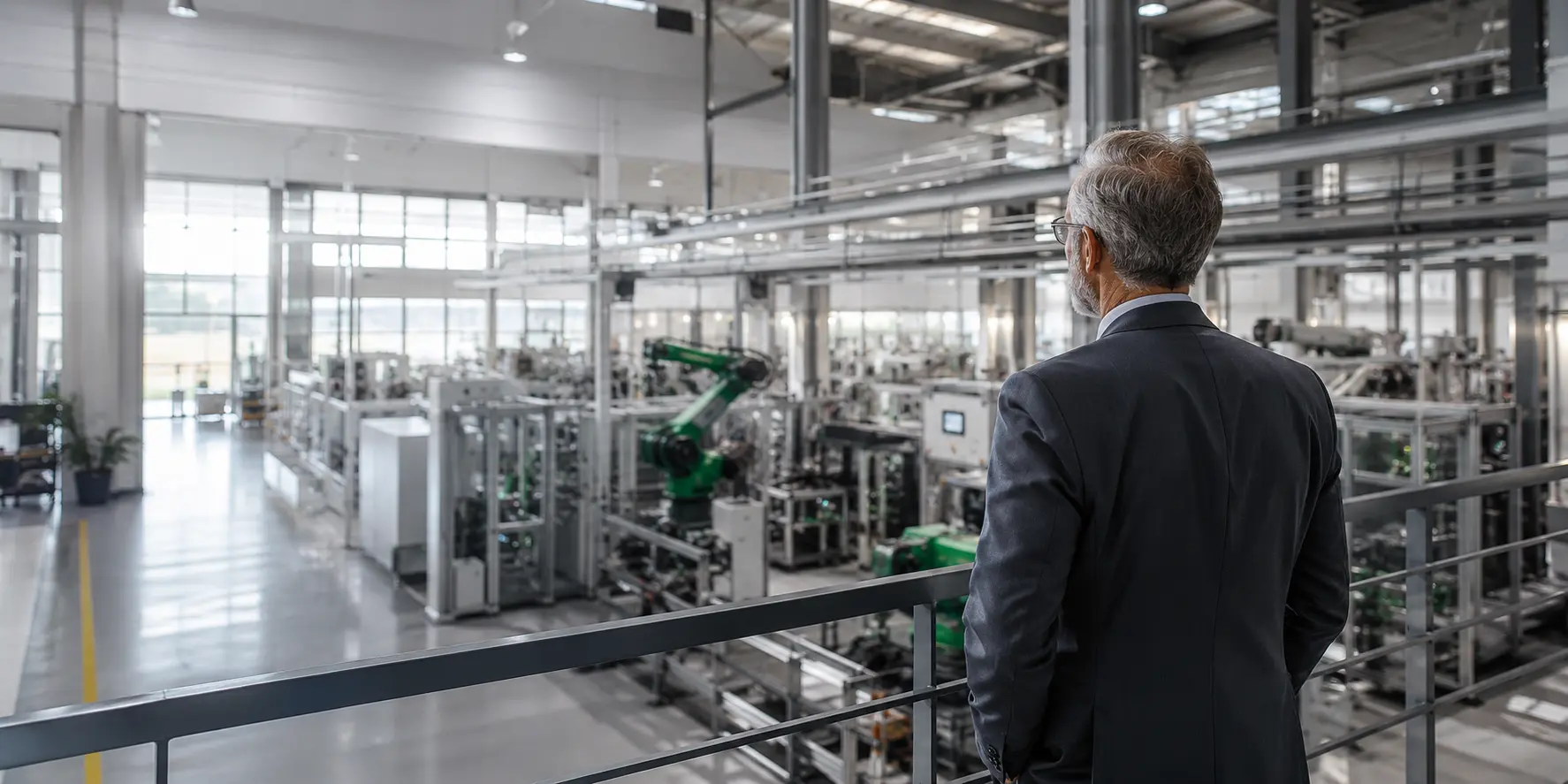 Manager che osserva un moderno impianto industriale